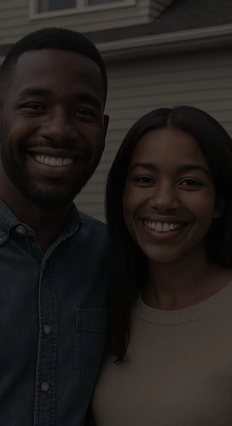 Happy couple in front of house